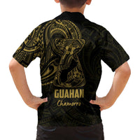 Gold Guam Latte Stone Tribal Tattoo Family Matching Off The Shoulder Long Sleeve Dress and Hawaiian Shirt Hafa Adai Six 7 One LT9 - Polynesian Pride