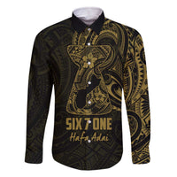 Gold Guam Latte Stone Tribal Tattoo Family Matching Off The Shoulder Long Sleeve Dress and Hawaiian Shirt Hafa Adai Six 7 One LT9 Dad's Shirt - Long Sleeve Gold - Polynesian Pride