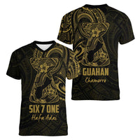 Gold Guam Latte Stone Tribal Tattoo Women V-Neck T-Shirt Hafa Adai Six 7 One