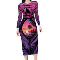 Guam Chamorro Artsy Family Matching Long Sleeve Bodycon Dress and Hawaiian Shirt Guahan Sunset Beach LT9 Mom's Dress Sunset - Polynesian Pride