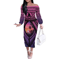 Guam Chamorro Artsy Family Matching Off The Shoulder Long Sleeve Dress and Hawaiian Shirt Guahan Sunset Beach