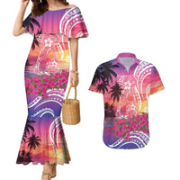 Guam Latte Stone with Map Couples Matching Mermaid Dress and Hawaiian Shirt Bougainvillea Beach Sunset