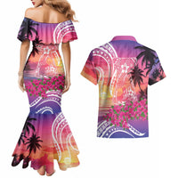 Guam Latte Stone with Map Couples Matching Mermaid Dress and Hawaiian Shirt Bougainvillea Beach Sunset