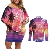 Guam Latte Stone with Map Couples Matching Off Shoulder Short Dress and Long Sleeve Button Shirt Bougainvillea Beach Sunset