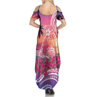 Guam Latte Stone with Map Family Matching Summer Maxi Dress and Hawaiian Shirt Bougainvillea Beach Sunset LT9 - Polynesian Pride