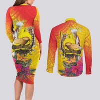 Papua New Guinea Cultural Tropical Flowers Couples Matching Long Sleeve Bodycon Dress and Long Sleeve Button Shirt