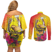 Papua New Guinea Cultural Tropical Flowers Couples Matching Off Shoulder Short Dress and Long Sleeve Button Shirt