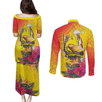 Papua New Guinea Cultural Tropical Flowers Couples Matching Puletasi and Long Sleeve Button Shirt