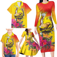 Papua New Guinea Cultural Tropical Flowers Family Matching Long Sleeve Bodycon Dress and Hawaiian Shirt