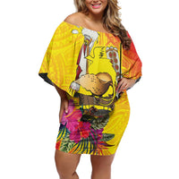 Papua New Guinea Cultural Tropical Flowers Family Matching Off Shoulder Short Dress and Hawaiian Shirt