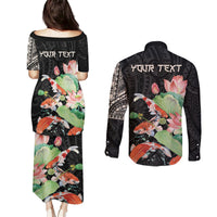 Personalized Japanese Koi Fish Couples Matching Puletasi and Long Sleeve Button Shirt with Polynesian Pattern LT9 - Polynesian Pride