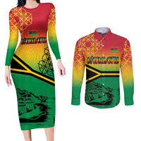 Hapi 45th Indipendens Dei Vanuatu Couples Matching Long Sleeve Bodycon Dress and Long Sleeve Button Shirt Yumi 1980 with Vanuatuan Beach Landscape