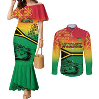 Hapi 45th Indipendens Dei Vanuatu Couples Matching Mermaid Dress and Long Sleeve Button Shirt Yumi 1980 with Vanuatuan Beach Landscape