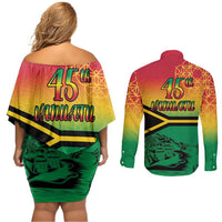 Hapi 45th Indipendens Dei Vanuatu Couples Matching Off Shoulder Short Dress and Long Sleeve Button Shirt Yumi 1980 with Vanuatuan Beach Landscape