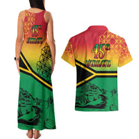 Hapi 45th Indipendens Dei Vanuatu Couples Matching Tank Maxi Dress and Hawaiian Shirt Yumi 1980 with Vanuatuan Beach Landscape