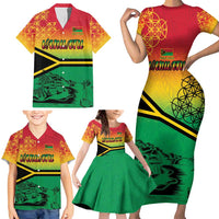 Hapi 45th Indipendens Dei Vanuatu Family Matching Short Sleeve Bodycon Dress and Hawaiian Shirt Yumi 1980 with Vanuatuan Beach Landscape