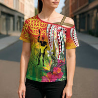 Vanuatu 45th Anniversary Cross Shoulder Shirt Polynesian with Sand Drawing Pattern - Polynesian Pride