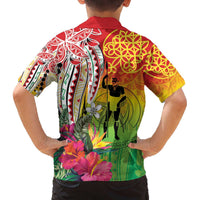 Vanuatu 45th Anniversary Family Matching Off The Shoulder Long Sleeve Dress and Hawaiian Shirt Polynesian with Sand Drawing Pattern