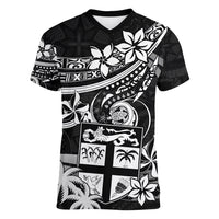 Fiji Islands Women V Neck T Shirt Coat of Arms Fijian Flower Polynesian Pattern - Black LT9 Female Black - Polynesian Pride