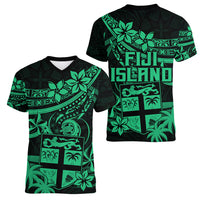 Fiji Islands Women V Neck T Shirt Coat of Arms Fijian Flower Polynesian Pattern - Green LT9 - Polynesian Pride
