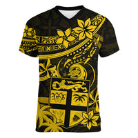 Fiji Islands Women V Neck T Shirt Coat of Arms Fijian Flower Polynesian Pattern - Yellow LT9 Female Yellow - Polynesian Pride