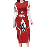 Custom Tonga Rugby Family Matching Long Sleeve Bodycon Dress and Hawaiian Shirt Mate Maa Kupesi Style LT9 Mom's Dress Red - Polynesian Pride