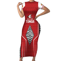 Custom Tonga Rugby Family Matching Short Sleeve Bodycon Dress and Hawaiian Shirt Mate Maa Kupesi Style LT9 Mom's Dress Red - Polynesian Pride