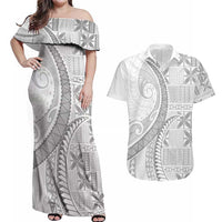 Niue White Sunday Couples Matching Off Shoulder Maxi Dress and Hawaiian Shirt Niuean Lotu Tamaiti Hiapo Pattern - Polynesian Pride