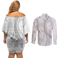 Niue White Sunday Couples Matching Off Shoulder Short Dress and Long Sleeve Button Shirt Niuean Lotu Tamaiti Hiapo Pattern - Polynesian Pride