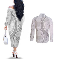 Niue White Sunday Couples Matching Off The Shoulder Long Sleeve Dress and Long Sleeve Button Shirt Niuean Lotu Tamaiti Hiapo Pattern - Polynesian Pride