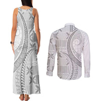 Niue White Sunday Couples Matching Tank Maxi Dress and Long Sleeve Button Shirt Niuean Lotu Tamaiti Hiapo Pattern - Polynesian Pride