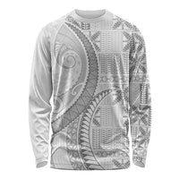 Niue White Sunday Long Sleeve Shirt Niuean Lotu Tamaiti Hiapo Pattern - Polynesian Pride
