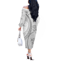 Niue White Sunday Off The Shoulder Long Sleeve Dress Niuean Lotu Tamaiti Hiapo Pattern - Polynesian Pride