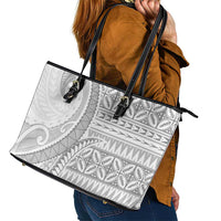 Polynesian White Sunday Leather Tote Bag Lotu Tamaiti Melanesian Pattern - Polynesian Pride