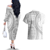 Samoa Siapo White Sunday Couples Matching Off The Shoulder Long Sleeve Dress and Hawaiian Shirt Lotu Tamaiti Polynesian White Pattern - Polynesian Pride