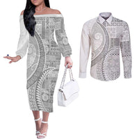 Samoa Siapo White Sunday Couples Matching Off The Shoulder Long Sleeve Dress and Long Sleeve Button Shirt Lotu Tamaiti Polynesian White Pattern - Polynesian Pride
