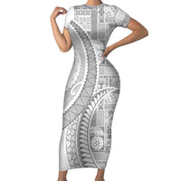 Samoa Siapo White Sunday Short Sleeve Bodycon Dress Lotu Tamaiti Polynesian White Pattern - Polynesian Pride