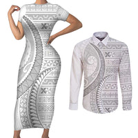 Tokelau White Sunday Couples Matching Short Sleeve Bodycon Dress and Long Sleeve Button Shirt Lotu Tamaiti Ngatu Tokelau Feletoa Manulua - Polynesian Pride
