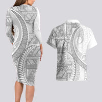 Tonga White Sunday Couples Matching Long Sleeve Bodycon Dress and Hawaiian Shirt Lotu Tamaiti Ngatu Tribal - Polynesian Pride
