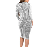 Tonga White Sunday Family Matching Long Sleeve Bodycon Dress and Hawaiian Shirt Lotu Tamaiti Ngatu Tribal - Polynesian Pride
