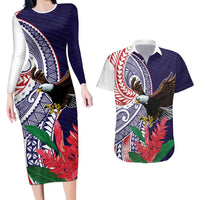 American Samoa Bald Eagle Personalized Couples Matching Long Sleeve Bodycon Dress and Hawaiian Shirt Polynesian Teuila Flowers - Polynesian Pride