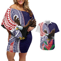 American Samoa Bald Eagle Personalized Couples Matching Off Shoulder Short Dress and Hawaiian Shirt Polynesian Teuila Flowers - Polynesian Pride