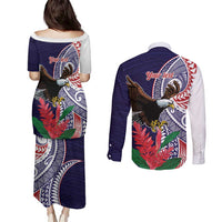 American Samoa Bald Eagle Personalized Couples Matching Puletasi and Long Sleeve Button Shirt Polynesian Teuila Flowers - Polynesian Pride