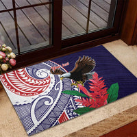 American Samoa Bald Eagle Personalized Rubber Doormat Polynesian Teuila Flowers - Polynesian Pride