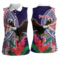 American Samoa Bald Eagle Personalized Women Sleeveless Polo Shirt Polynesian Teuila Flowers - Polynesian Pride