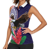 American Samoa Bald Eagle Personalized Women Sleeveless Polo Shirt Polynesian Teuila Flowers - Polynesian Pride