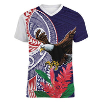 American Samoa Bald Eagle Personalized Women V-Neck T-Shirt Polynesian Teuila Flowers - Polynesian Pride