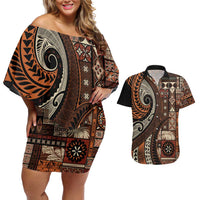 Vintage Samoa Siapo Mamanu Couples Matching Off Shoulder Short Dress and Hawaiian Shirt Brown Samoan Tapa Motif - Polynesian Pride