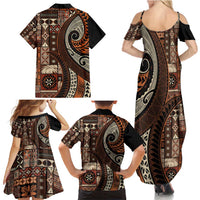Vintage Samoa Siapo Mamanu Family Matching Summer Maxi Dress and Hawaiian Shirt Brown Samoan Tapa Motif - Polynesian Pride
