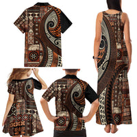 Vintage Samoa Siapo Mamanu Family Matching Tank Maxi Dress and Hawaiian Shirt Brown Samoan Tapa Motif - Polynesian Pride